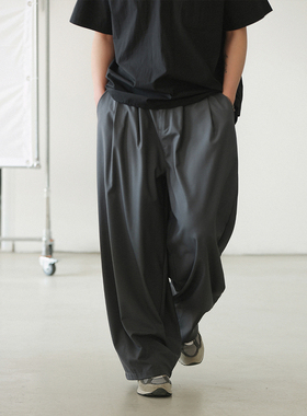 NOEARS春夏复古宽松直筒灰色长裤日系cityboy松紧腰通勤休闲裤