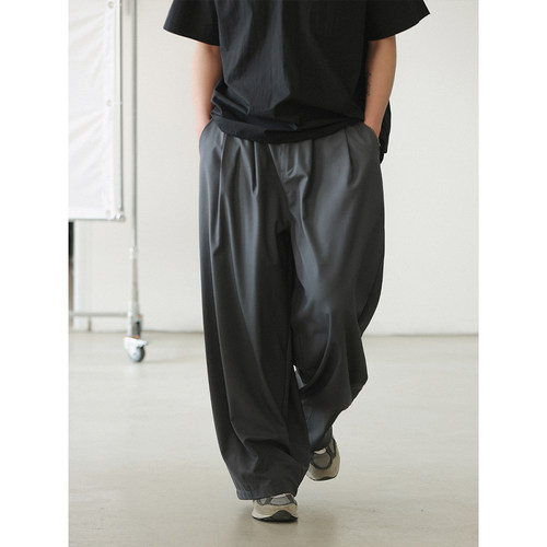 NOEARS春夏复古宽松直筒灰色长裤日系cityboy松紧腰通勤休闲裤