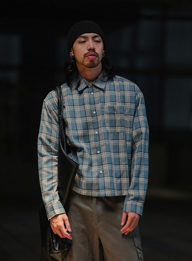 NOEARS日系复古蓝色格子宽松长袖方领衬衫秋季cityboy休闲衬衣男