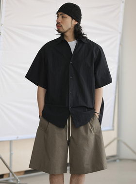 NOEARS春夏复古黑色插肩袖设计情侣衬衫日系cityboy宽松短袖衬衣