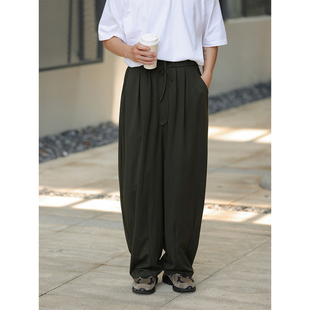 NOEARS日系复古暗绿色松紧腰休闲裤夏季薄款宽松直筒通勤痞帅裤子