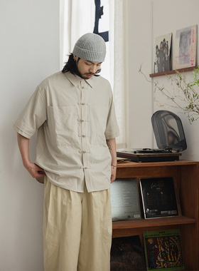 NOEARS夏季杏色新中式盘扣短袖衬衫复古方领大口袋宽松情侣衬衣