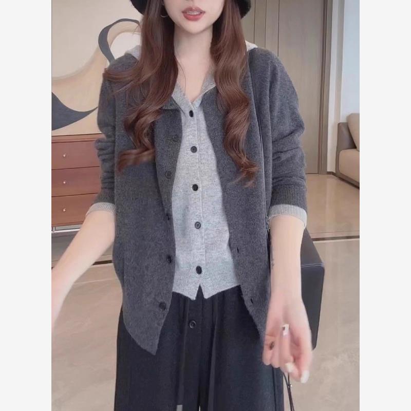 大码连帽假两件针织衫女秋季胖MM显瘦宽松慵懒风长袖毛衣开衫上衣
