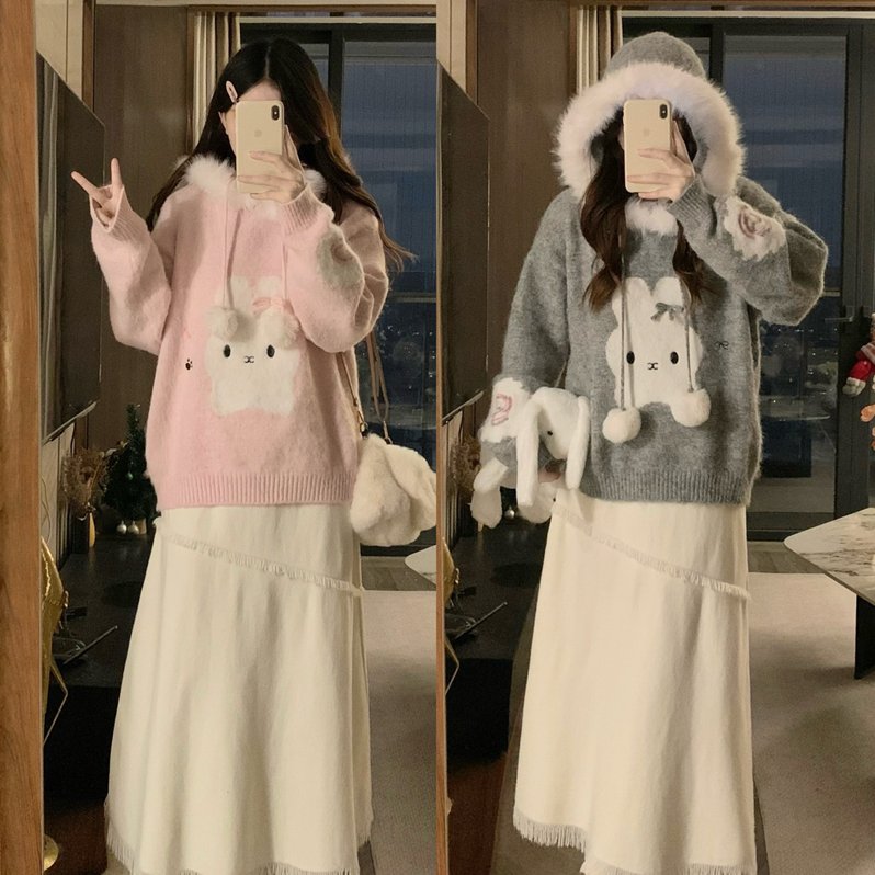 实拍大码女冬季毛绒连帽毛衣设计感宽松软糯上衣针织半身裙两件套