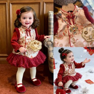 2026年女童新中式周岁礼服连衣裙宝宝生日派对红色背心裙拜年服潮