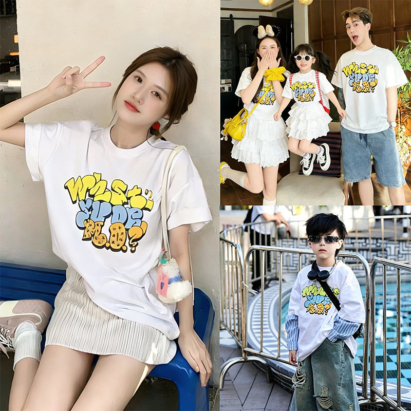 亲子装短袖T恤新款一家三口白色印花潮牌假两件宽大母女装上衣