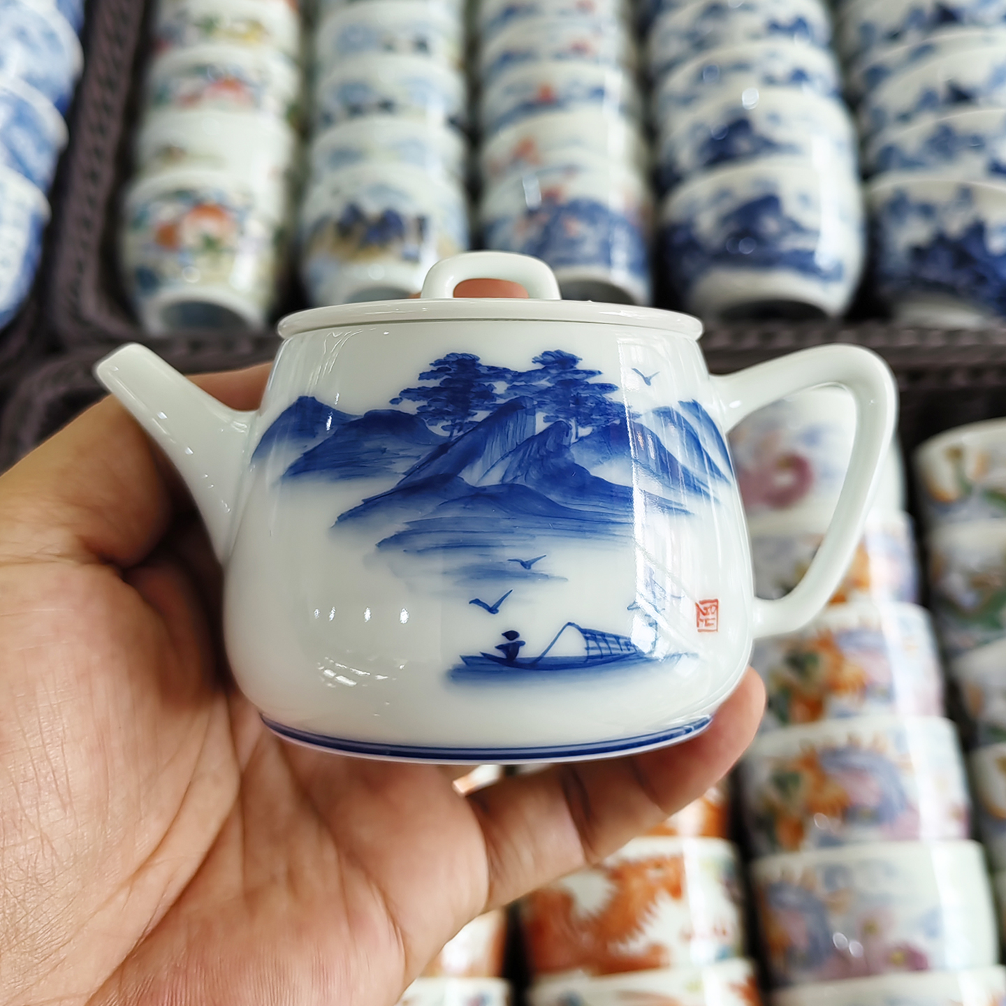 高档手绘茶壶青花瓷山水单壶