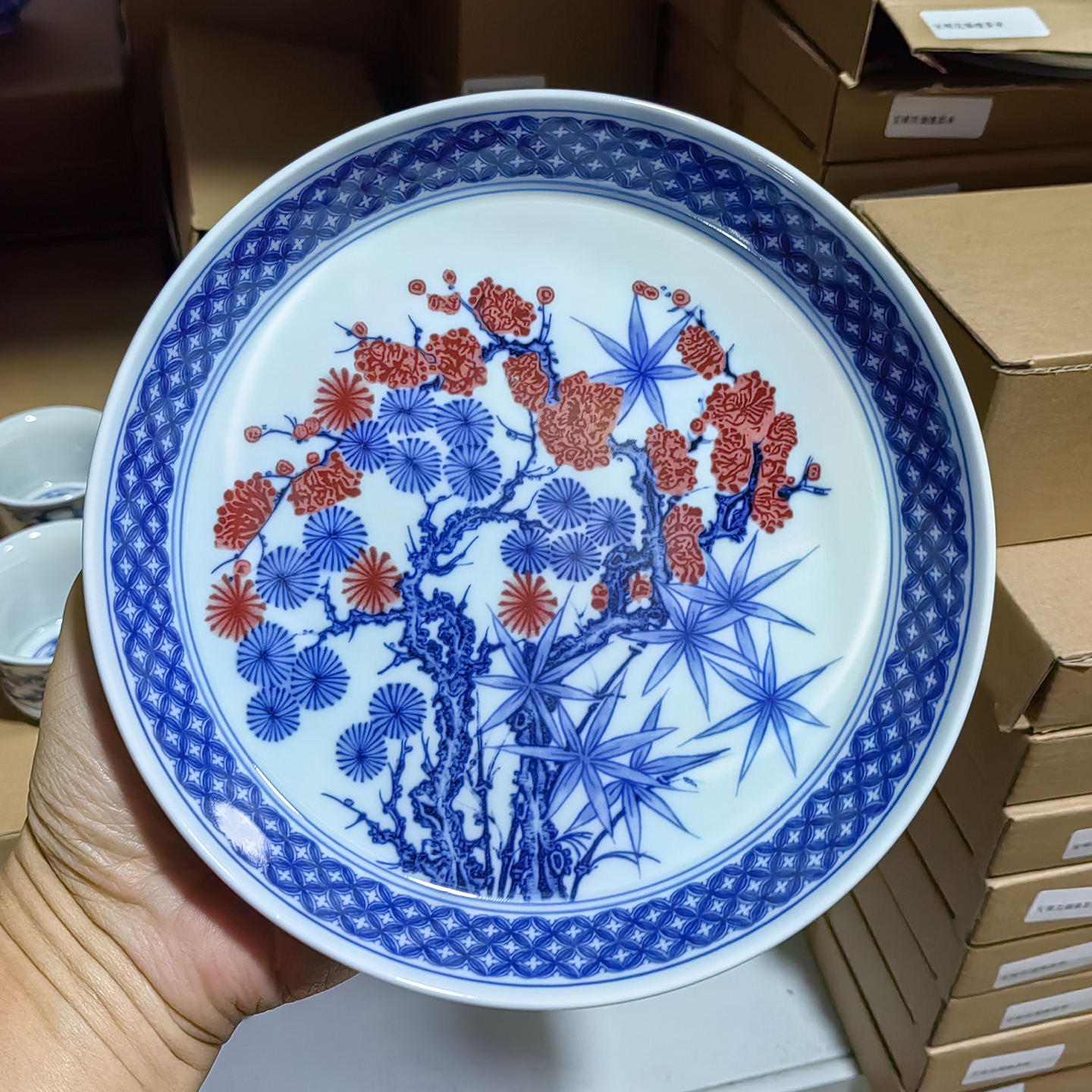 高档青花釉里红壶承茶托