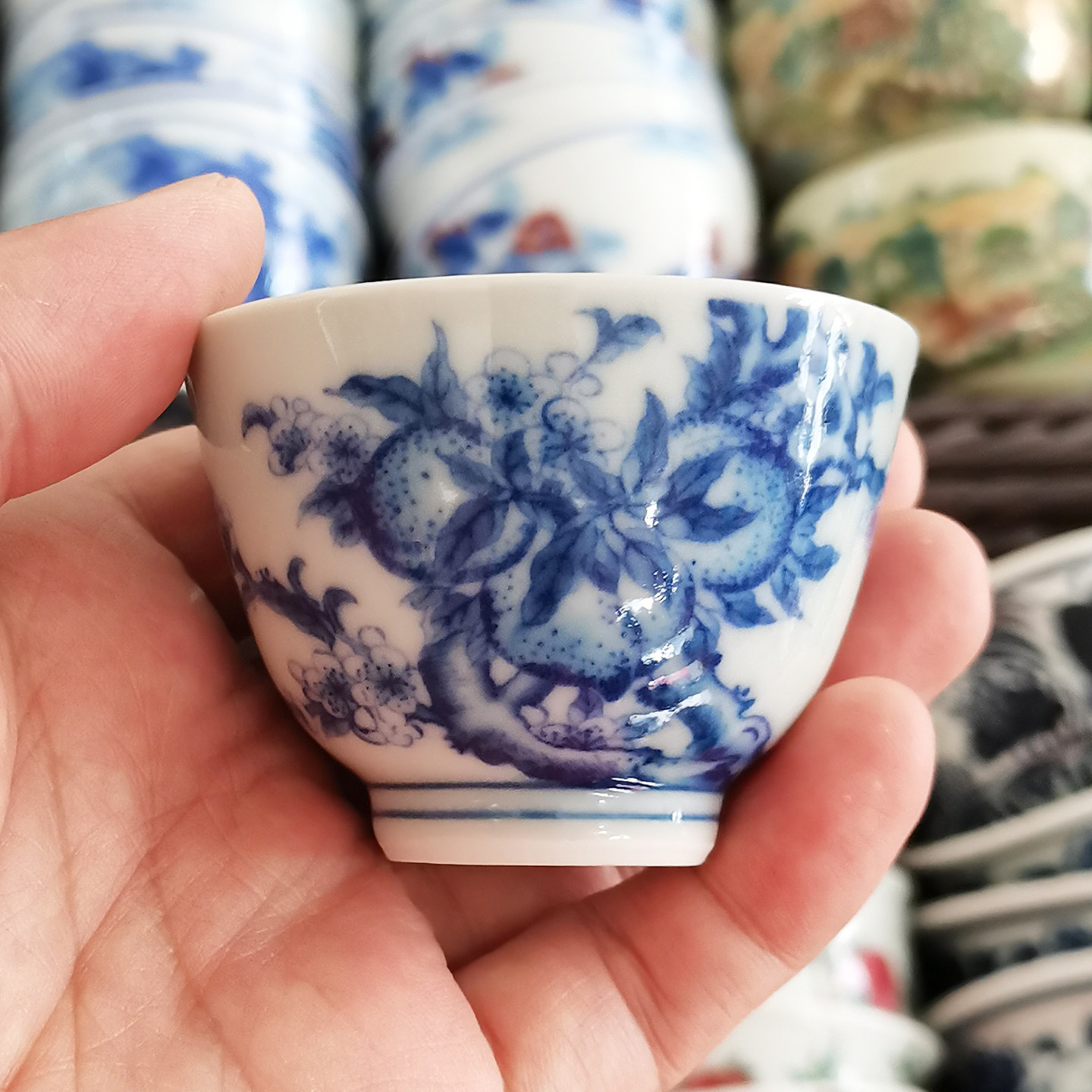 景德镇陶瓷茶杯青花瓷寿桃功夫茶具鸡心杯个人专用客杯品茗杯单杯