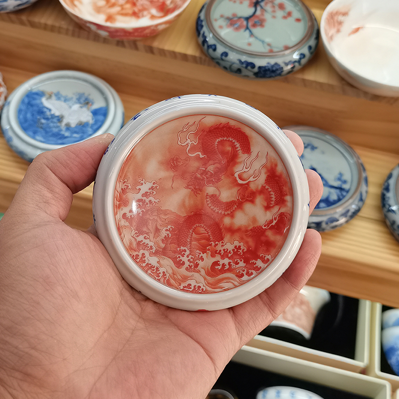 景德镇陶瓷矾红鱼化龙壶垫壶盖托