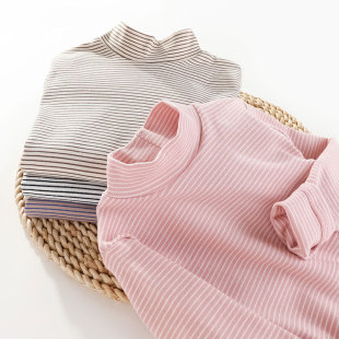 儿童中高领打底衫纯棉条纹春秋女童修身长袖T恤男童内搭中大宝宝