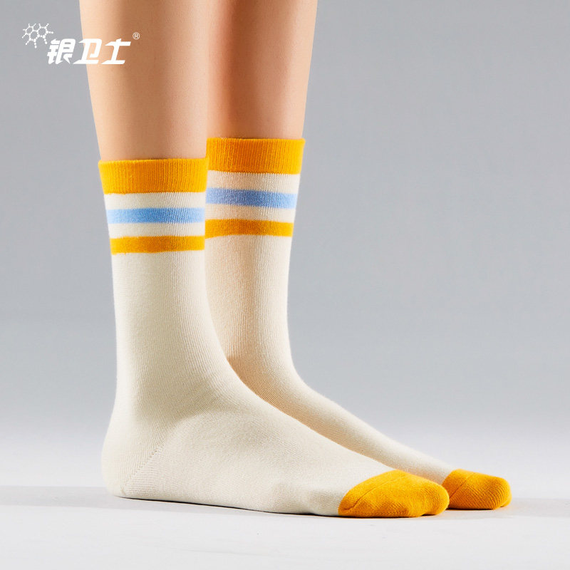 1双银卫士防臭袜子女中筒袜两条杠韩版学院风日系条纹堆堆袜秋冬
