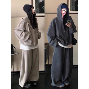 大码300斤慵懒风奥粒绒连帽卫衣套装男女oversize宽松休闲两件套