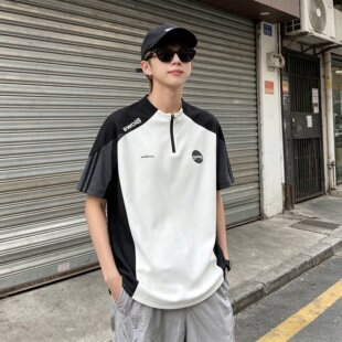 300斤大码半拉链撞色凉感t恤男女夏季薄款训练服球衣防晒速干短袖