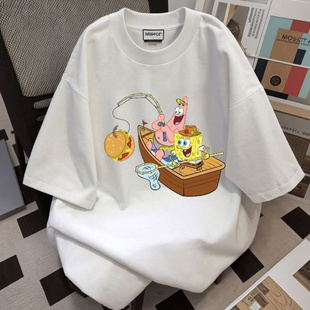 大码300斤纯棉日系新款可爱海绵宝宝短袖T恤男女情侣百搭印花遮肉