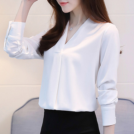 2025春夏新款设计感小众雪纺白衬衫女长袖气质职业装法式V领上衣