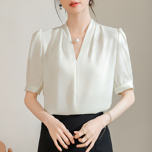 2025夏季 上衣 女短袖 法式 氣質(zhì)職業(yè)裝 通勤OL雪紡衫 V領(lǐng)白色襯衫 新款
