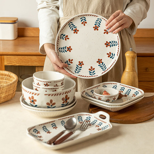 因瓷欢喜日式复古陶瓷碗碟套装家用饭碗面碗汤碗高颜值釉下彩餐具