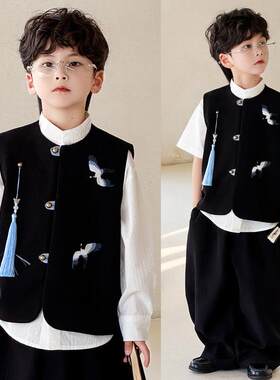 新中式儿童唐装男童汉服春夏季云鹤刺绣马甲国学表演服中国风礼服