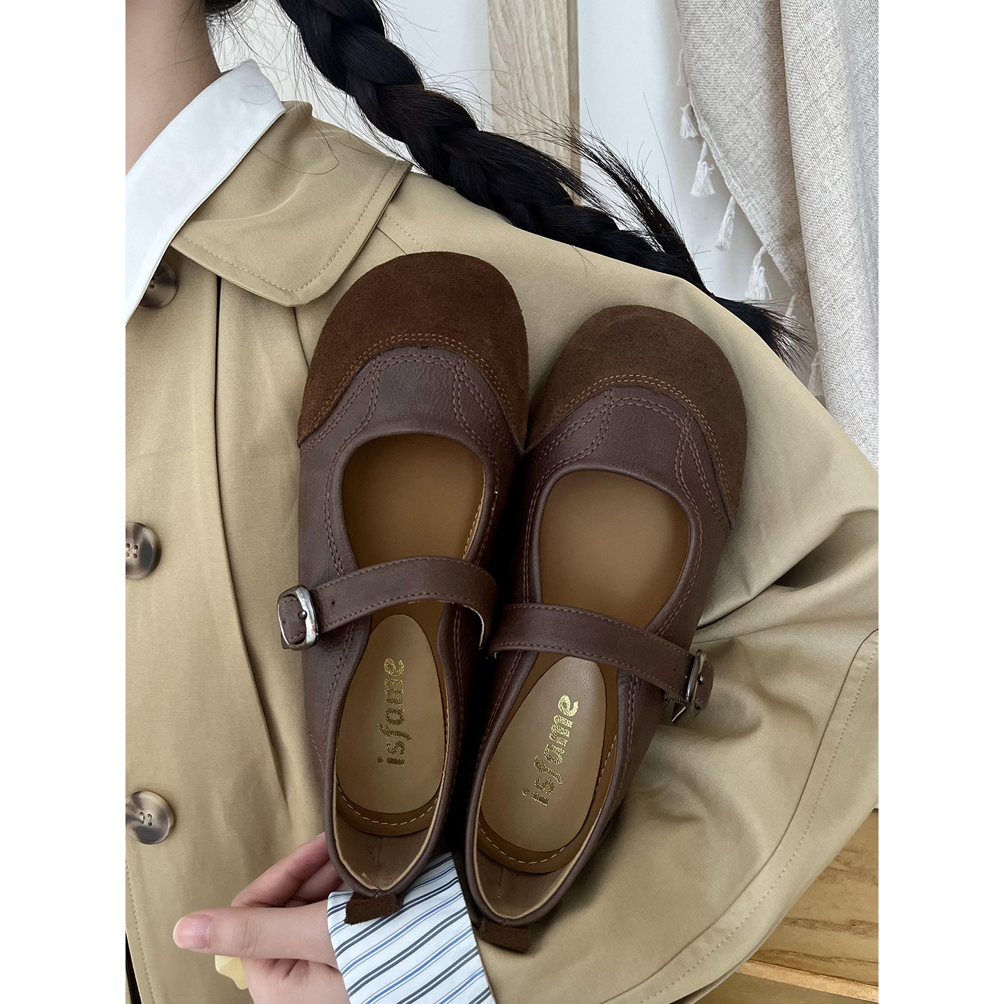 一拾方「约克来信」圆头真皮拼接 车线设计 软底浅口玛丽珍