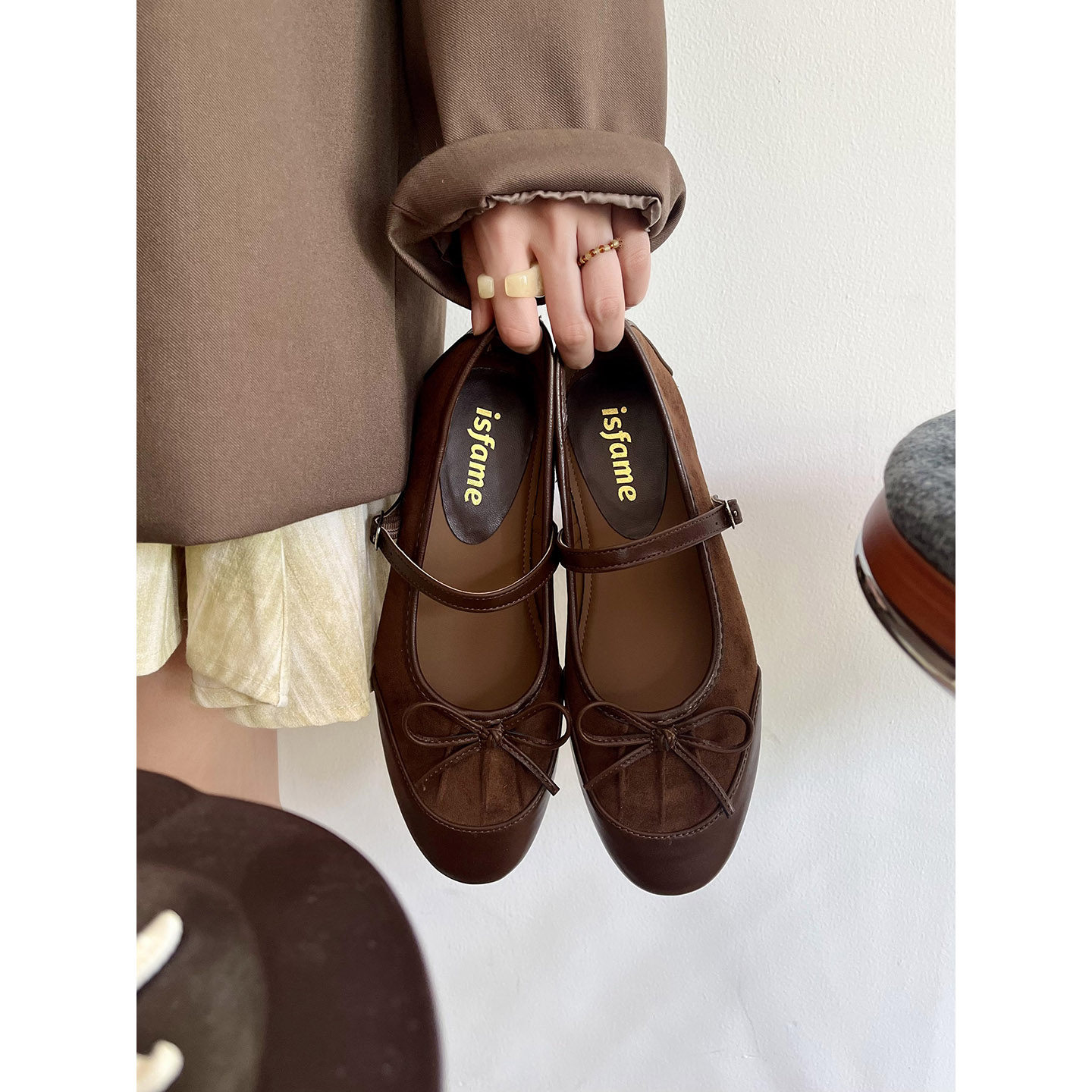 一拾方「晚枫」小众方褶皱蝴蝶结设计 拼接浅口单鞋玛丽珍