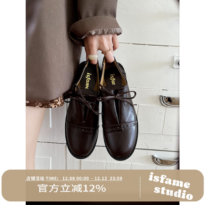 一拾方「格林笔记」英伦风复古圆头蝴蝶结设计 带跟小皮鞋