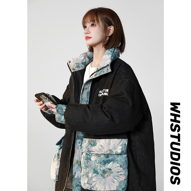 冬季美式水洗做旧牛仔撞色加厚棉衣立领工装面包服1061图片