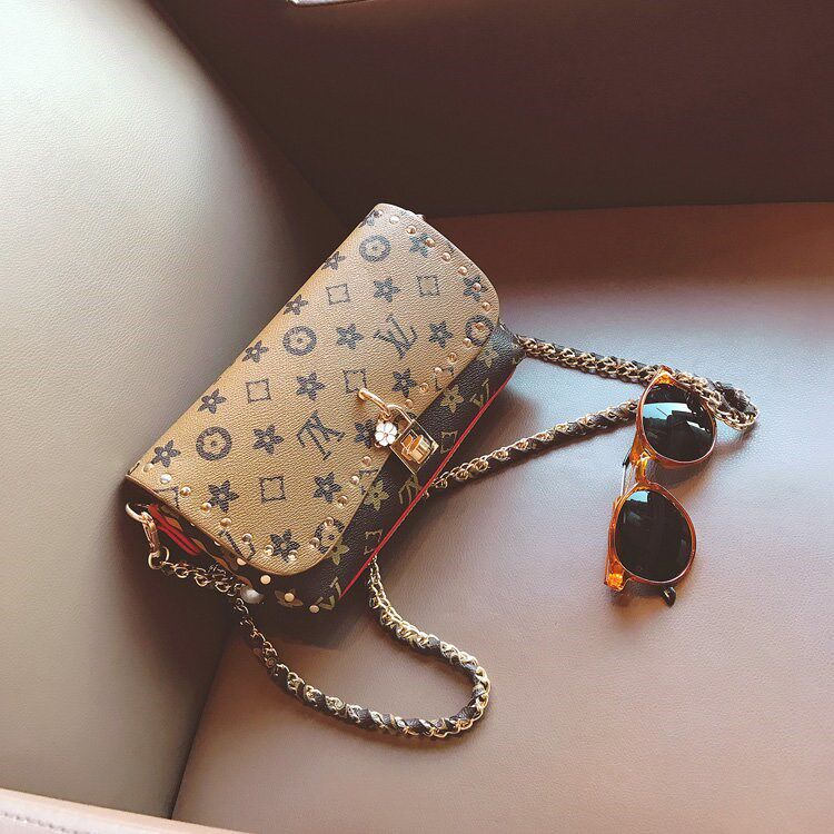 宠物背包真皮女包新款印花小方包珍珠链条老花气质单肩时尚斜挎包