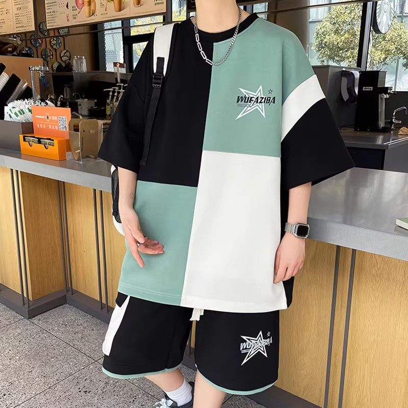 夏季男生休闲篮球服套装帅气青少年宽松款透气印花短袖T恤两件套