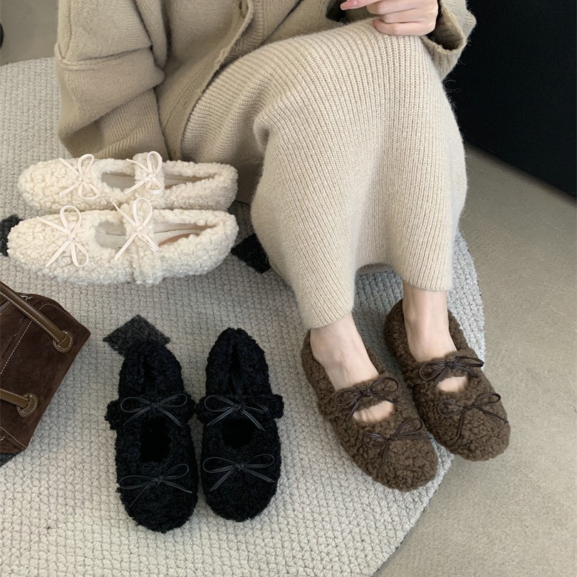 2025小个子内4毛毛鞋女外穿冬加绒保暖豆豆棉鞋杏色咖啡色