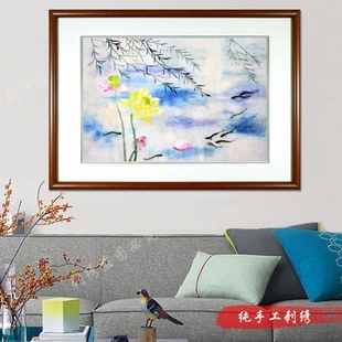 饰画卧室书房壁画 蜀绣精品荷花莲花手工刺绣单面绣挂件成品客厅装