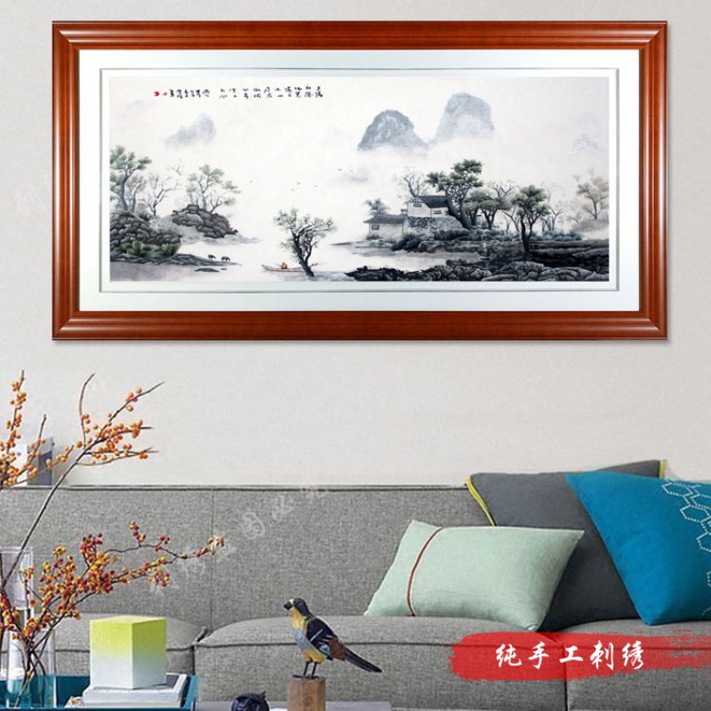 蜀绣 风景山水画 手工刺绣开业乔迁 别墅酒店大堂客厅挂画装饰画图片