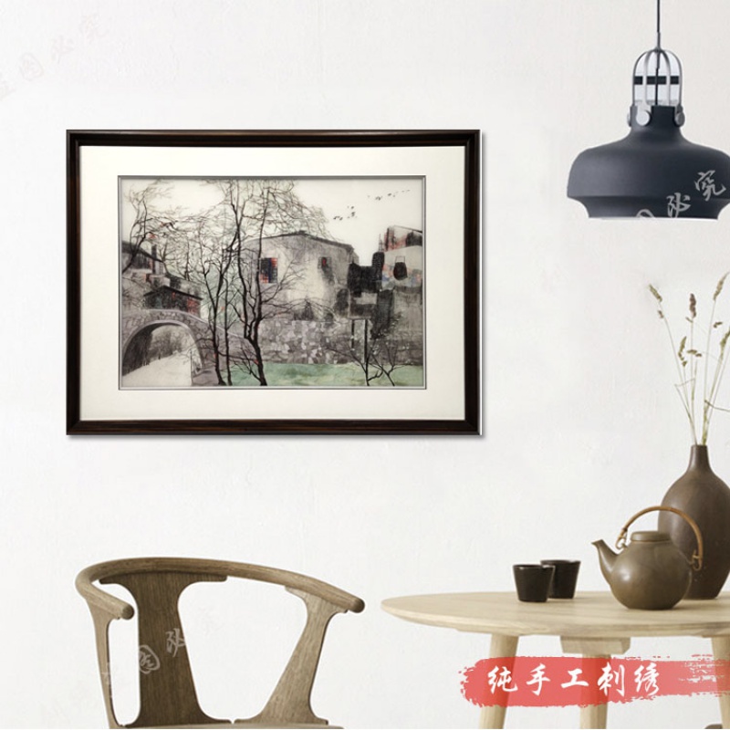 蜀绣 农村景色 水墨画艺术品田园 中国特色画做样纯手工刺绣