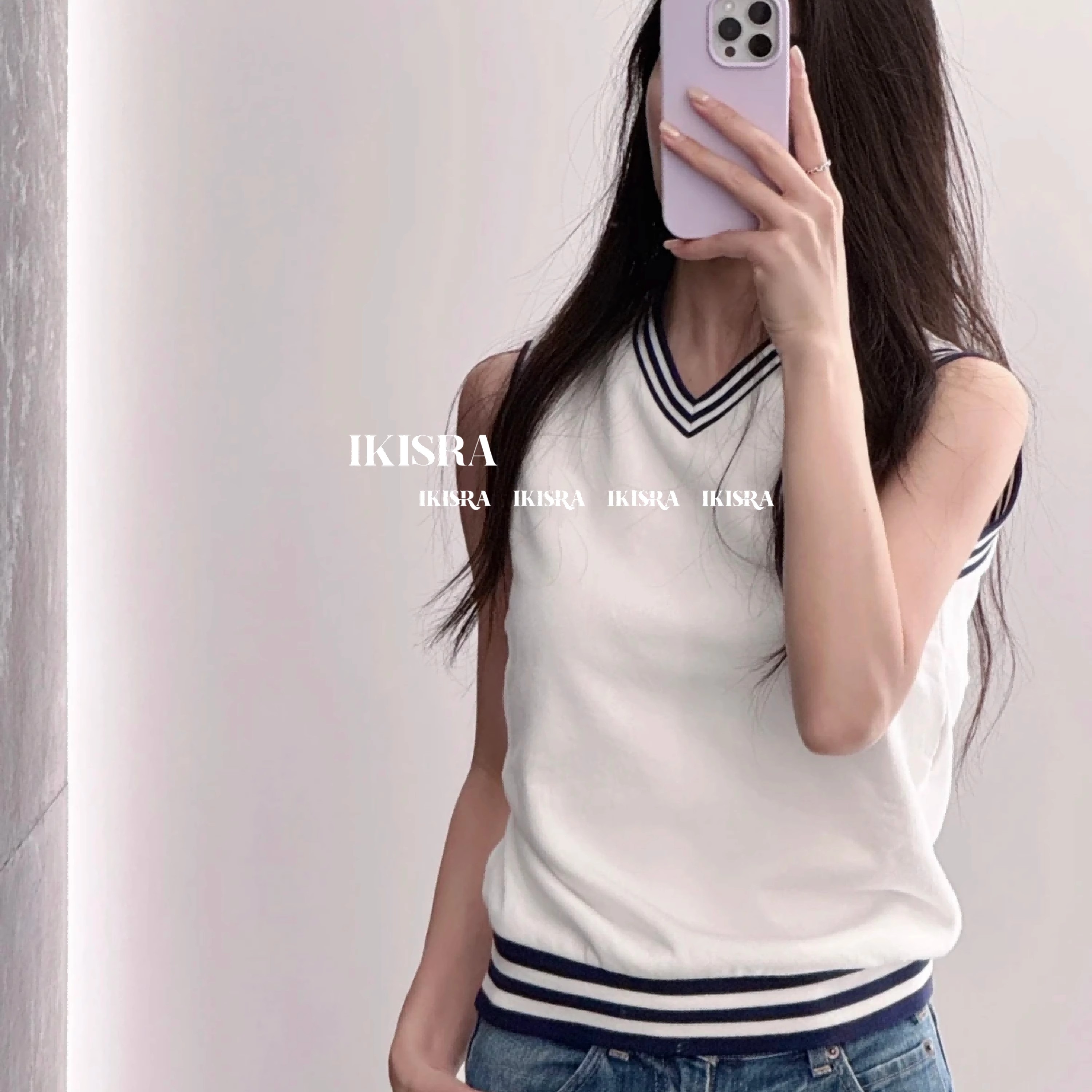 夏季网球风条纹无袖背心上衣女