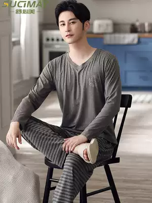 Men's pajamas Spring and Autumn modal long-sleeved loungewear suit Ice silk middle-aged large size autumn and winter autumn