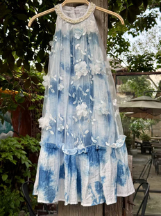 云南大理丽江手工扎染蓝染连衣裙儿童旗袍长款裙子小童长裙立体花