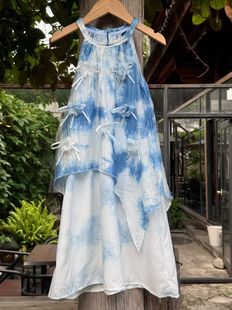 云南大理丽江手工扎染蓝染连衣裙儿童挂脖长款裙子小童长裙