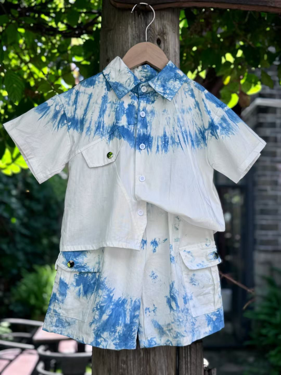 云南大理丽江手工扎染蓝染短袖衬衫沙滩旅游百搭男款礼物上衣套装