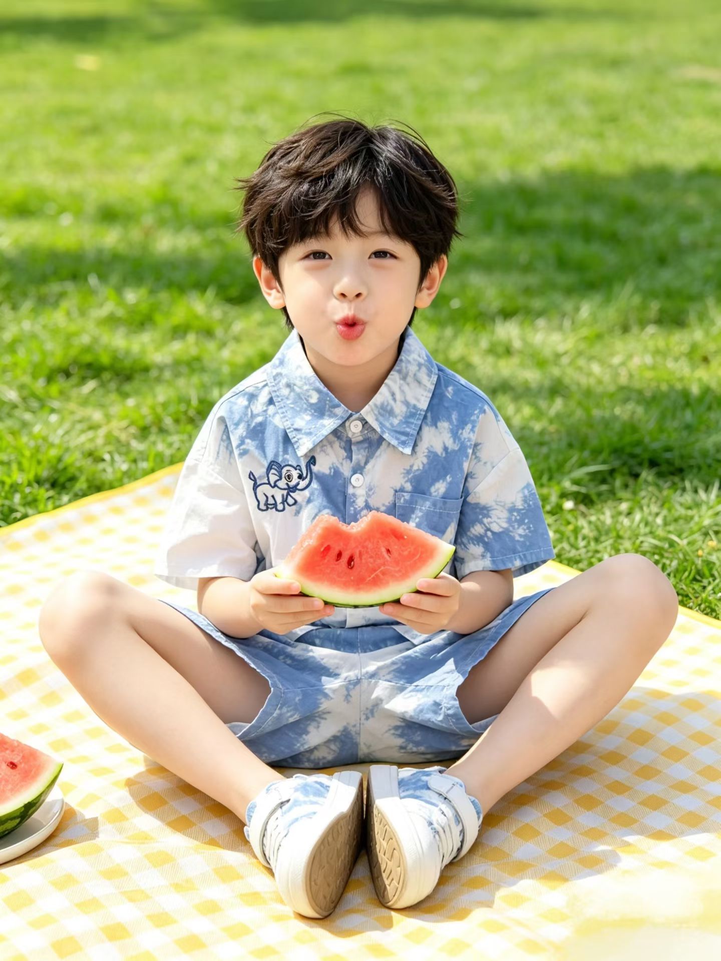 夏季薄款蓝染短袖衬衫套装图片