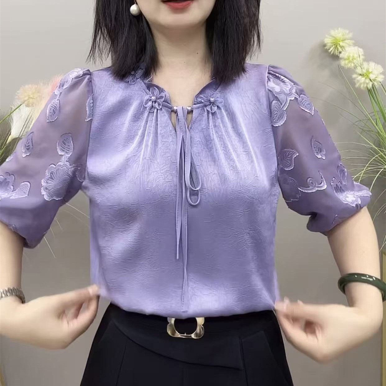 凉爽提花缎面五分袖孕妇衬衫