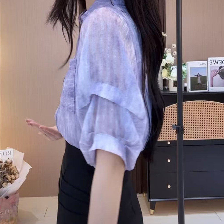 夏季凉爽紫色衬衫短袖翻领大方气质宽松套头薄款纱上衣衬衣女