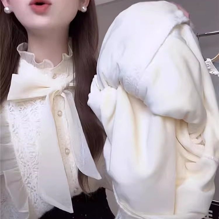 法式系带蝴蝶结长袖蕾丝衫女秋冬款加绒加厚衬衫绝美荷叶边小上衣