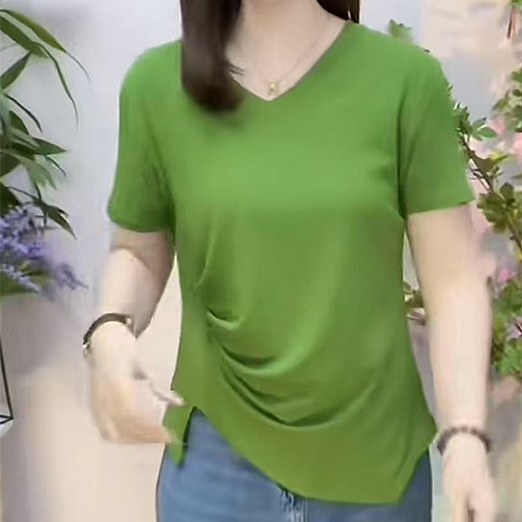 收腰皱褶短袖T恤女时尚夏季内搭不规则别致甜美妈妈打底V领上衣