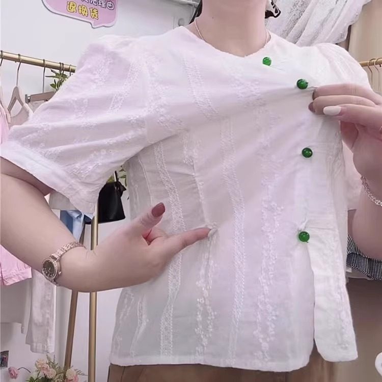 全纯棉提花刺绣短袖衬衫女遮肚夏季胖MM洋气减龄大码妈妈上衣女