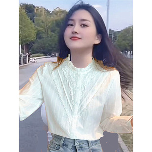 女春夏季 衬衫 纯棉设计感上衣孕小众衬衣 蕾丝花边立领长袖 2026新款