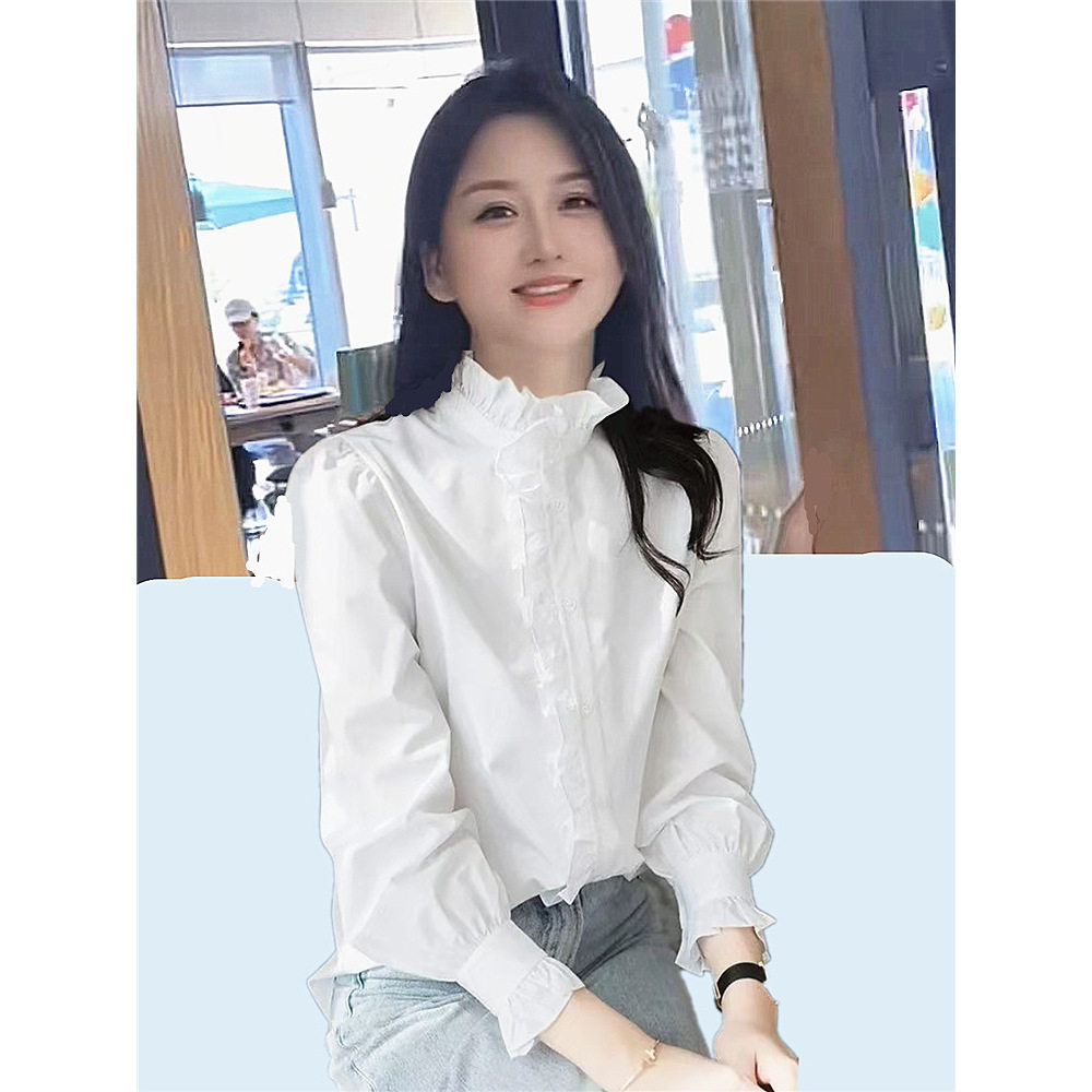 春季新款长袖白衬衫女宽松百搭韩版花边领时尚衬衣女士木耳边衬衫