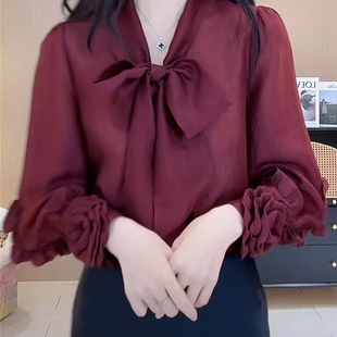 春秋薄款 花朵女2025新款 爆洋氣訂婚伴新娘孕長袖 夏上襯衣 紗雪紡衫