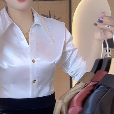 有加绒冬春秋夏2025年缎面洋气衬衫时尚胖MM显瘦上衣醋酸尖领高级
