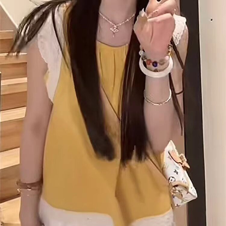 无袖衬衫女夏季设计感娃娃衫小个子气质甜美小衫蕾丝拼接花边上衣