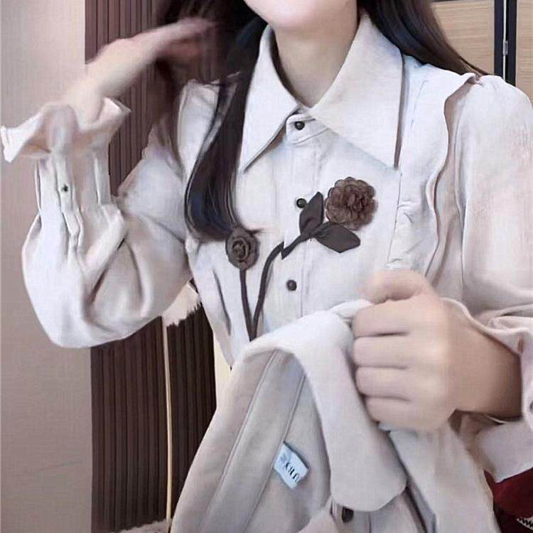 时尚绒面2025秋季新款翻领长袖衬衫秋款女气质设计感立体拼接上衣
